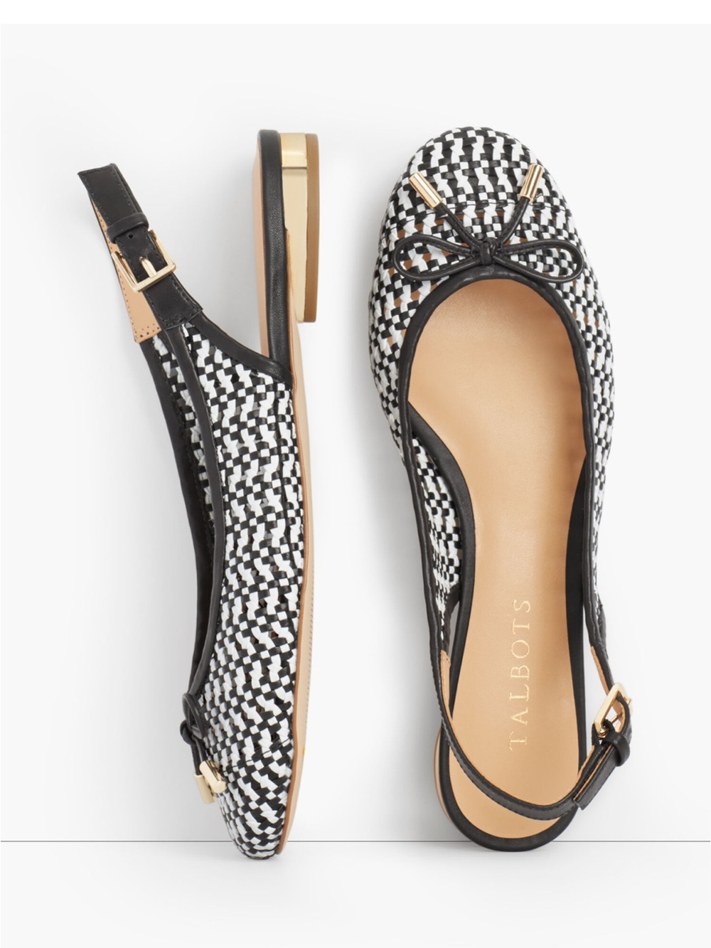 Talbots size 6.5M OLYMPIA OPEN-WEAVE SLINGBACK FLATS retro leather black white